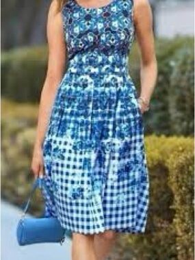 Talbots Blue Floral & Gingham Sleeveless Dress